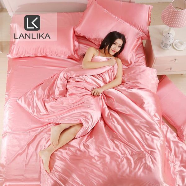 

lanlika luxury light pink satin silk bedding set soft duvet cover decor bed linen bedspread home textiles  king size1