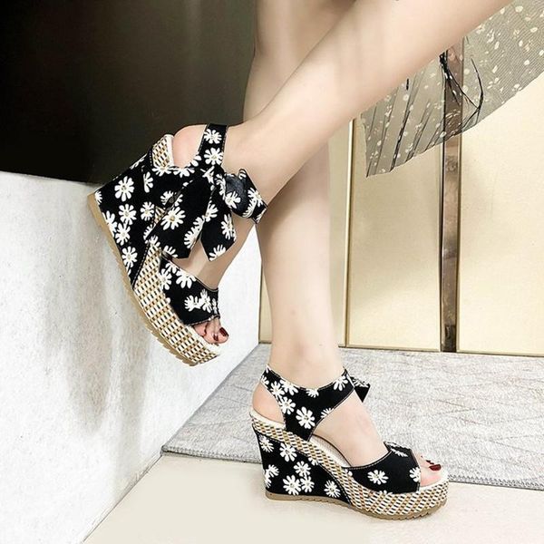 

2021 summer women breathable comfortable sandals new bohemian wedge fish mouth lace high heel sandals cotton increase ladies, Black
