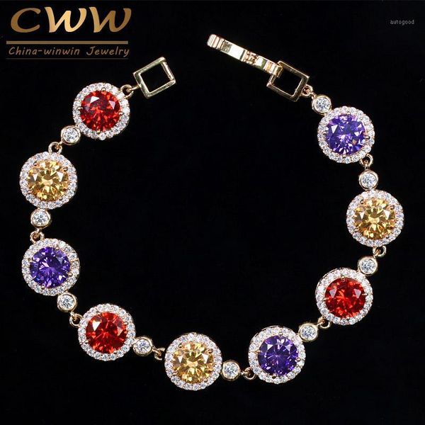 

charm bracelets cwwzircons noble light yellow gold color round purple red cubic zirconia crystal bracelet for women cb0981, Golden;silver