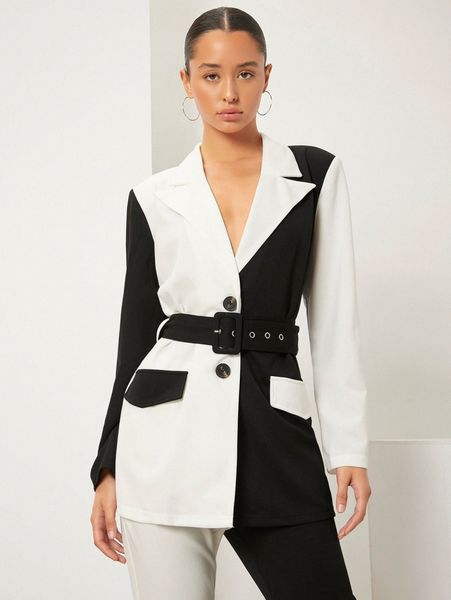 

two tone belted blazer v1xb#, White;black