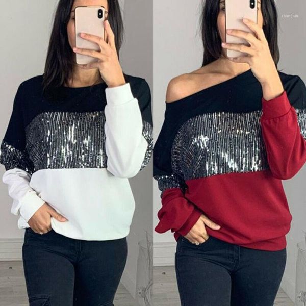 

women's cold shoulder long sleeve blouse tee ladies casual slim fit sequined patchwork shirt1, White