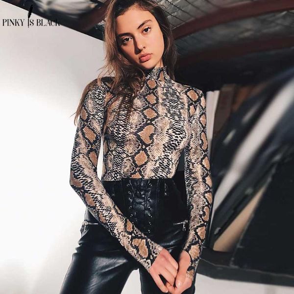 

pinkyisblack snake skin grain print long sleeve high neck bodysuits 2021 autumn women street fashion snakeskin bodysuit, Black;white