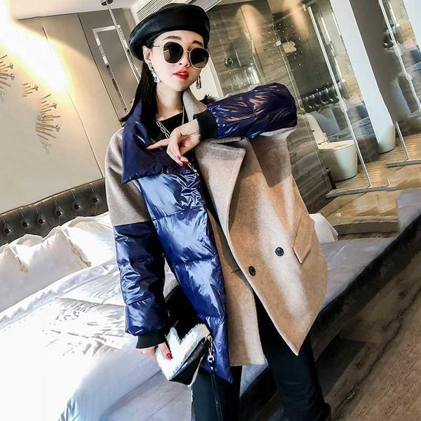 

women's wool & blends cashmere coat fashion bright face stitching woolen female korean version loose and thin cotton thick overcoat1, Black