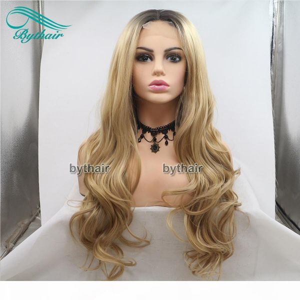 

synthetic lace front wig bouncy wavy ombre blonde two tone dark root natural blonde heat resistant fiber lace wig women hair cosplay wigs, Black