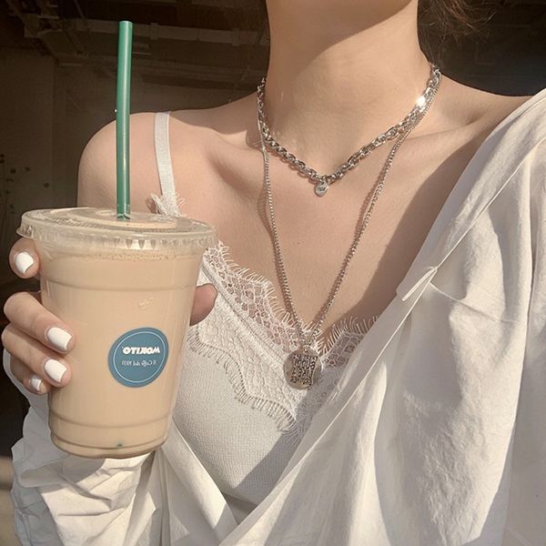 

korean silver old sense street smix and match simple letter circle long double layer sweater chain necklace