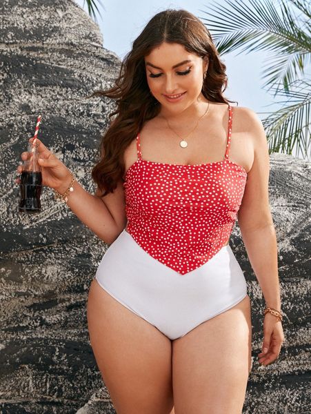

plus polka dot hanky hem high waisted bikini swimsuit 40mo#, Black