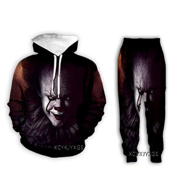 

новые мужчины / womens spephen king's it - pennywise смешные 3d печать мода tracksuits crewneck хип-хоп толстовка и брюки 2 шт набор толстов, Gray