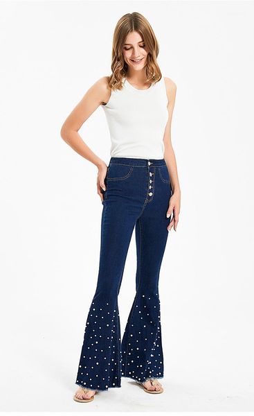 

women's fashion flare jeans embroidered pearl high waist female casual denim trousers ladies denim pant s1051, Blue