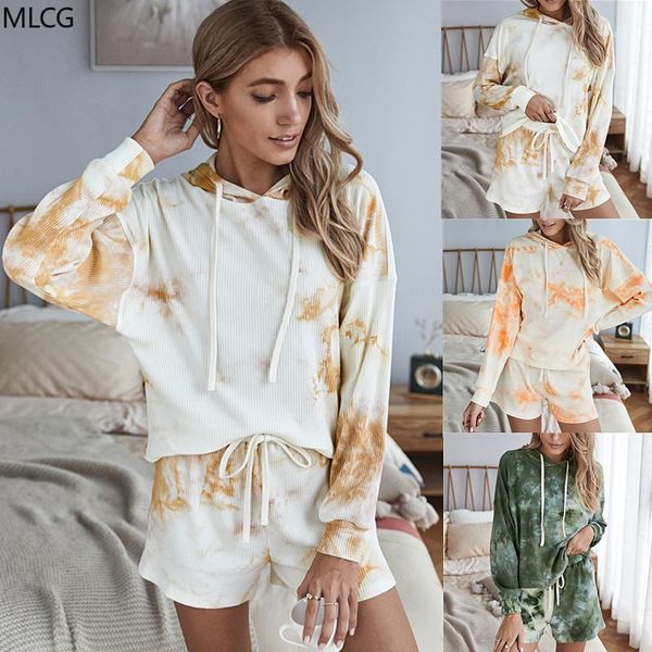 

2020 autumn classic casual tie-dye suit two-piece female shorts pullover hoodie1, Gray