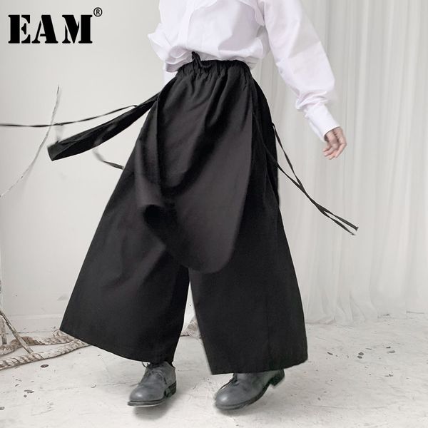 

eam] high elastic waist black bandage long wide leg trousers new loose fit pants women fashion tide spring autumn 2020 19a-a588 1017, Black;white