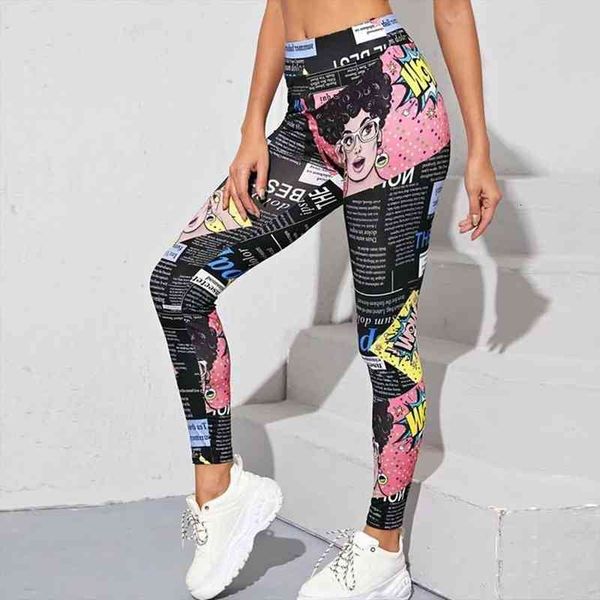 

women leggings for fitness high waist newspaper text comics printed long pants women hip push up tights gym clothing, Black
