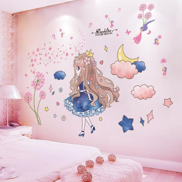 

shijuekongjian] cartoon girl wall stickers diy dandelion flowers wall decals for kids room baby bedroom dorm house decoration