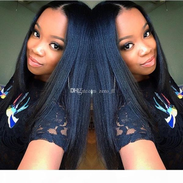 

5*4.5'' glueless silk full lace wigs light yaki brazilian virgin hair full lace human hair wigs yaki straight for black women, Black;brown