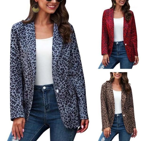 

women long sleeve lapel blazer jacket retro leopard one button office lady coat x3ue1, White;black