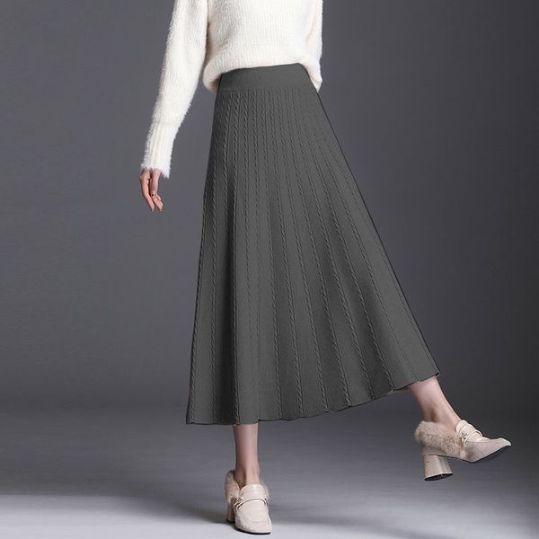 

2021 new elegant midi knitted leather winter at knee height a line women's high-waisted skirt y336 go90, Black