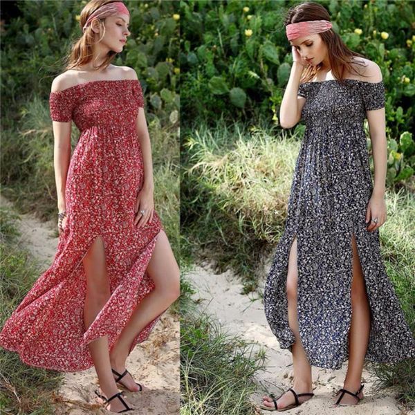 

2021 summer boho women long dress split slash neck off shoulder bohemian maxi long dresses vestidos de festa robe femme, Black;gray