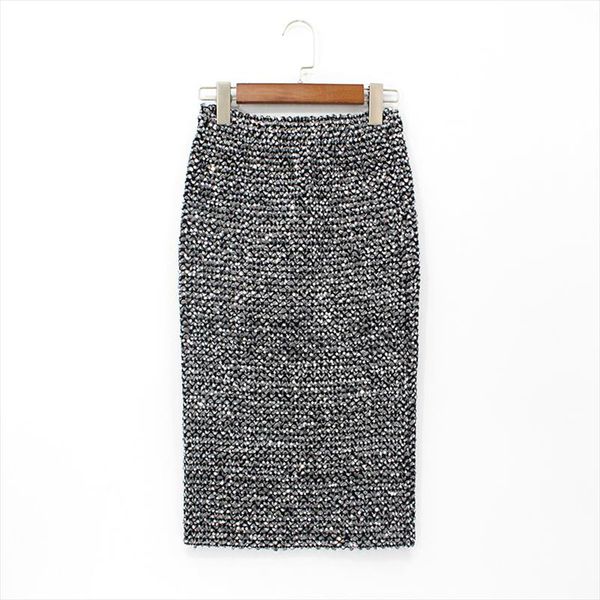 

2018 midi bodycon high waist elasticity pencil skirt womens skirts mid calf gold sequined wrap party skirt long, Black