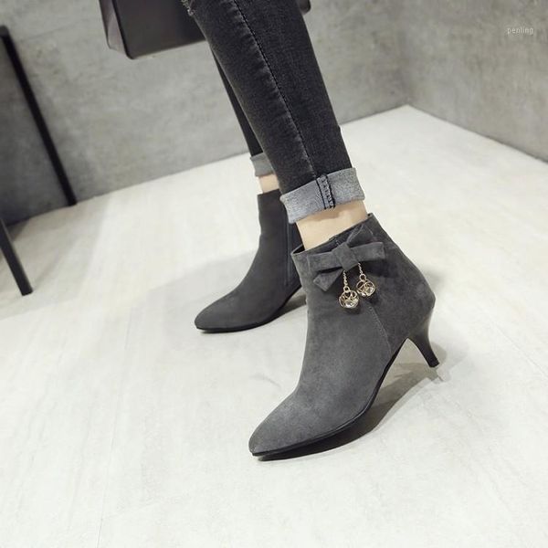 

big size ma'am fine heel short boots pure color metal decoration boot barrel high heel boots1, Black