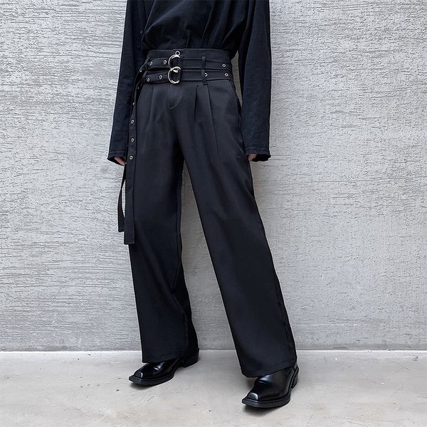 

2021 men autumn new double belt loose straight wide-leg casual pants male harajuku streetwear vintage fashion trousers 5wn8, Black