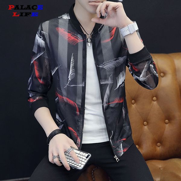

sun protection clothing summer men's jackets fashion coats male casual slim stand collar print bomber jacket men 4xl, Black;brown