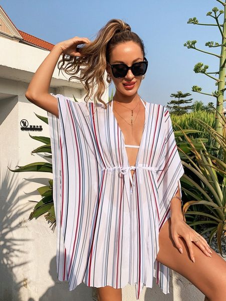 

striped drawstring waist kimono 49tw#, White;black