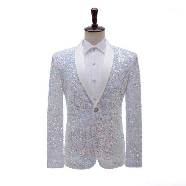 

men's formal dress suit sequins jacket three-dimensional sequins discoloration bar nightclub show costumes host singer blazer1, White;black