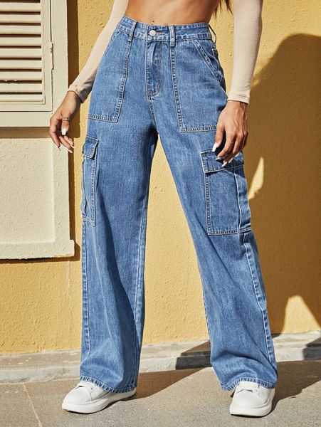 

high waisted zip up cargo jeans 77on#, Blue
