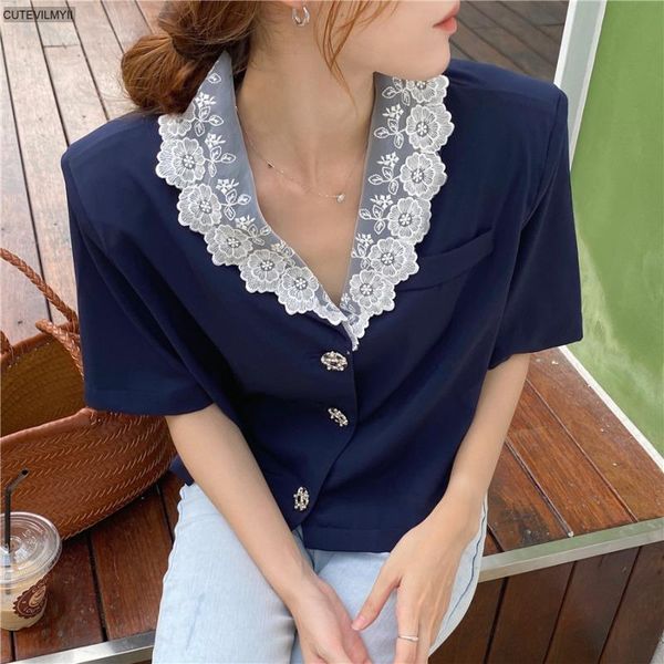 

women's blouses & shirts 2021 chic short sleeves casual loose cute korean retro lace solid feminine sweet, White