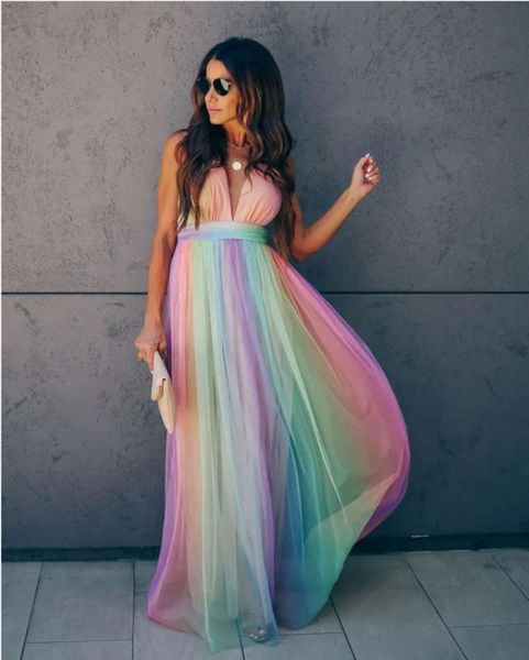 

female spring / new summer 2020 deep v rainbow mesh sling dress, Black;gray