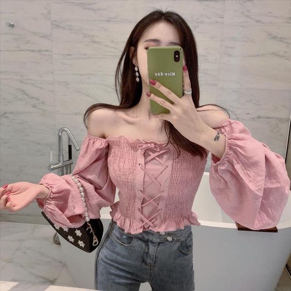 

girls sweet ruffles slash neck full lanter sleeve cropped blouses womens solid lace up ruffled blouse crop for female, White