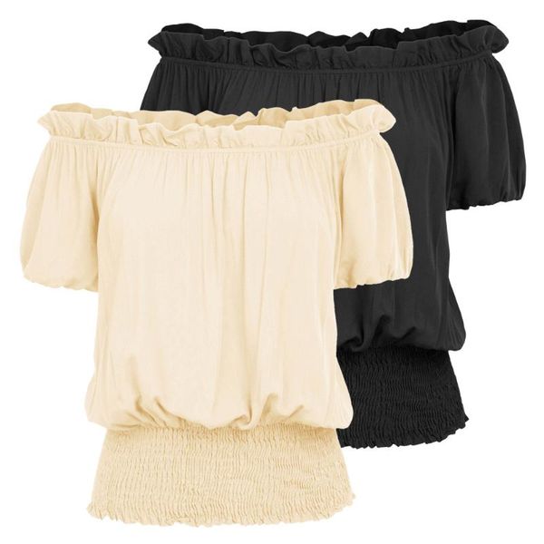 

kate kasin women blouse clothes summer 2-way off shoulder/crew neck boho short sleeve smocked loose fit casual shirts new, White