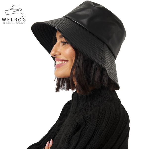 

welrog pu leather bucket hats women hats spring fisherman hat black fashion bucket hat waterproof hat motorcycle cap hiphop cap 201009, Blue;gray