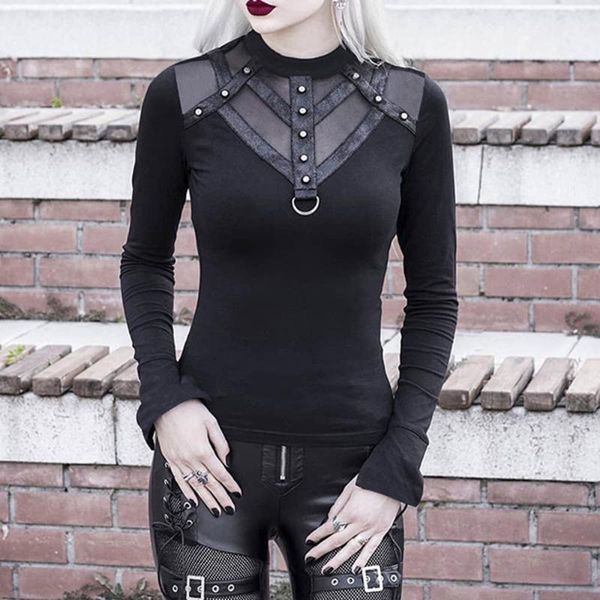 

rosetic women and shirts mesh patchwork long sleeve bodycon black women gothic streetwear punk slim turtleneck female1, White