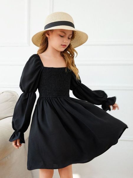 

girls gathered sleeve shirred dress she, Red;yellow