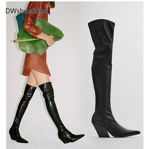 

winter pointed toe women over knee boots chunky heel women boots, Black