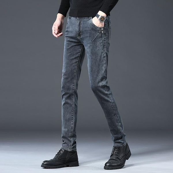 

new arrival men's stretch fit jeans popular cotton comfortable gray denim trousers casual pencil pants, Blue