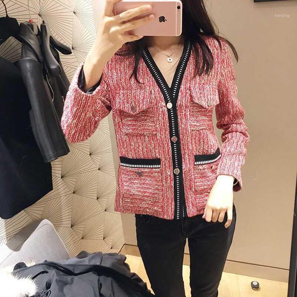 

xnxee 2020 spring new v neck long sleeve single breasted office lady slim career red knitted coat1, Black