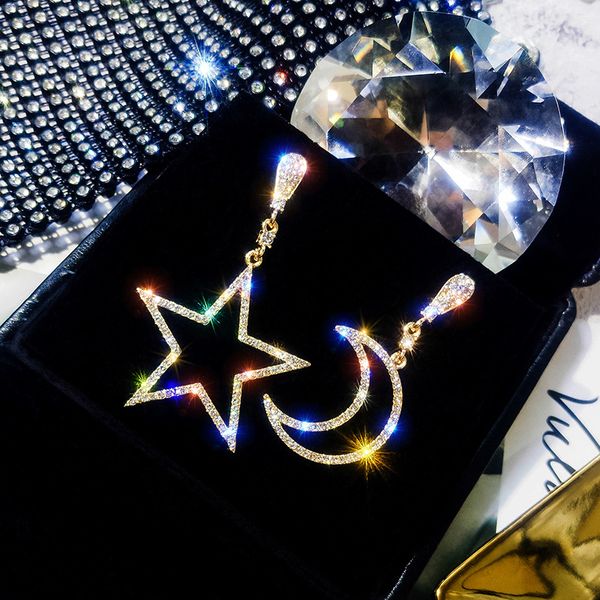 

925 silver needle asymmetric full diamond earrings star moon long rhinestone earrings exaggerated earrings high sense