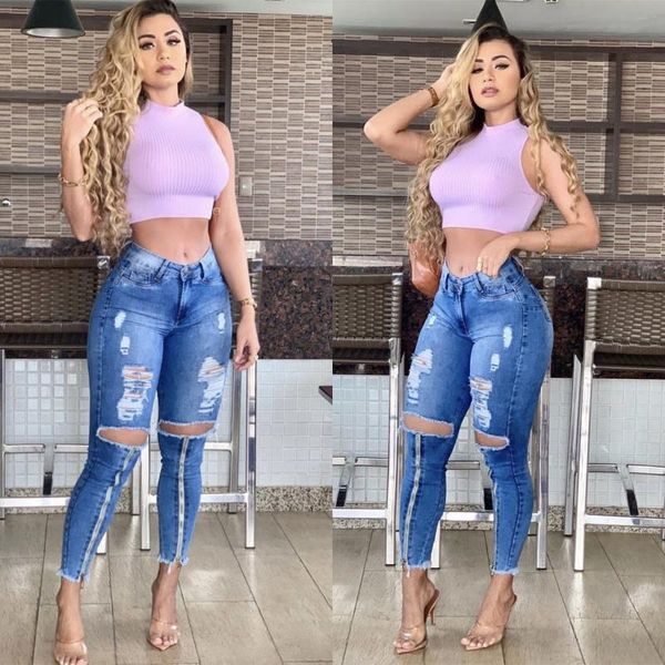 

woman jeans blue female trouser european style denim pants plus size high waist jeans fashion holes woman trouser
