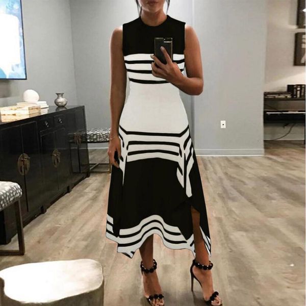 

summer dress 2021 women style geometric print beach dress elegant party dresses sleeveless black white stripe plus size xxxl, Black;gray