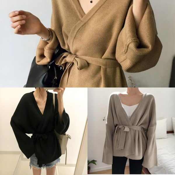 

korean version of loose and lazy style plain color v-neck waist knit cardigan coat coat pnpt8, White;black