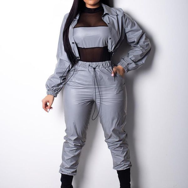 

streetwear reflective sweat suits women spring autumn turn down collar long sleeve buttons crop pants set women's jersey, Gray