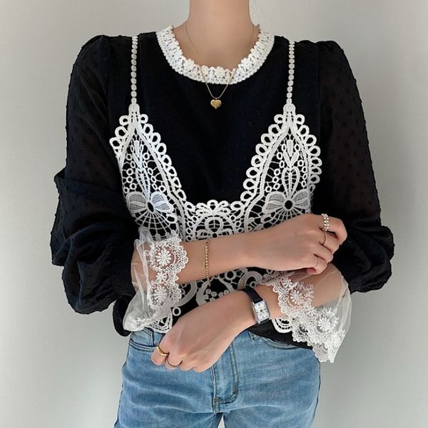 

2021 new feminine french style chiffon cut-off shirt-neck rentals sharpen crochet puff sleeves female blouses fine spring w0tz, White