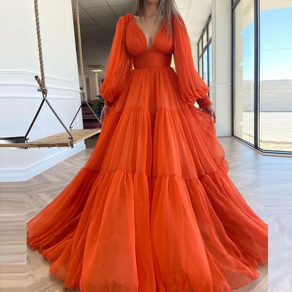 

setwell deep v-neck a-line evening dresses long sleeves pleated organza chiffon floor length prom party gowns, Black;red