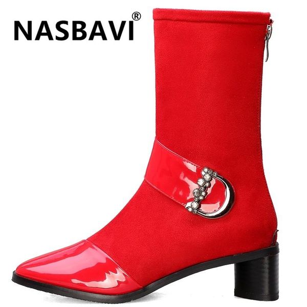 

fashion shaped heel heels women's luxury patent leather mid-calf boots mirror face boots comfort sheep suede warm, Black