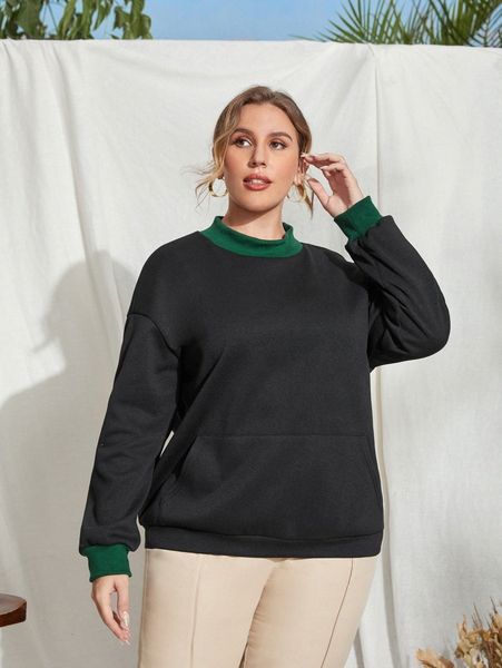 

plus solid contrast trim drop shoulder sweatshirt o6nf#, Black
