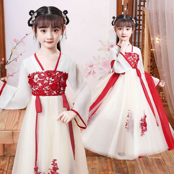 

children's cht long sve girls' super autumn xianru skirt little girl's foreign sle evening drs hanfu, Red;yellow