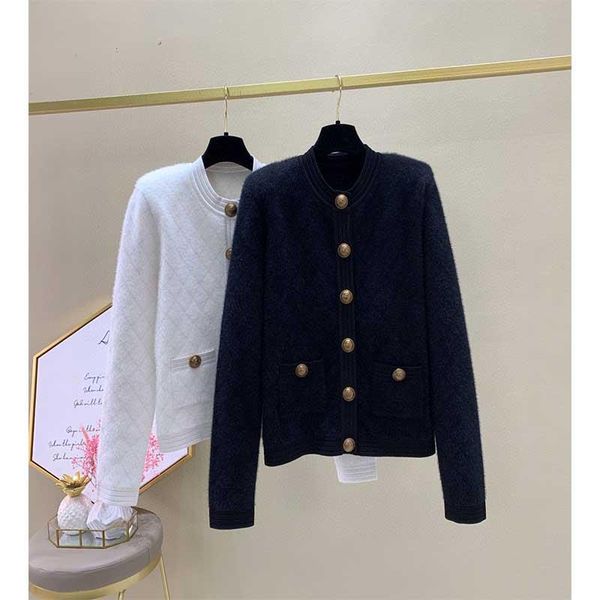 

women's knits & tees cosmicchic 2021 autumn winter women cardigan knitted jacekt rhombus plaid o-neck golden button black white sweater