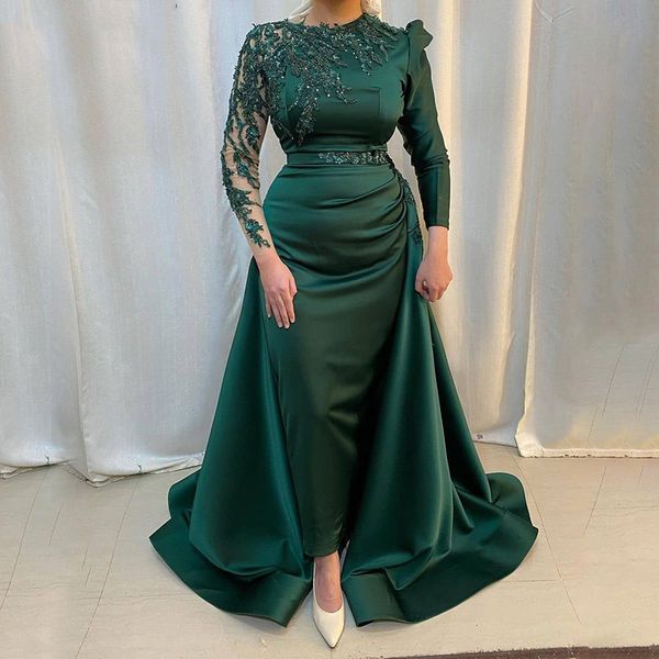 

green long sleeves mermaid evening dresses lace appliques satin sweep train beaded muslim formal prom gowns, Black;red