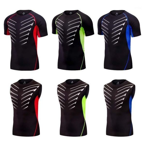 

gym clothing mens vest t- shirts tights short sleeve compression exercise workout fitness men sportswear1, White;black